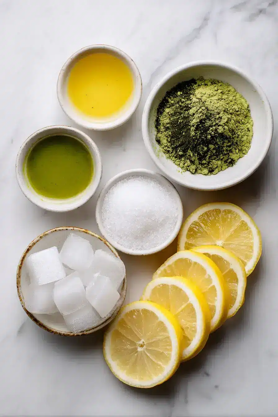 Ingredients for making Matcha Lemonade including matcha powder, fresh lemons, sugar, and a whisk