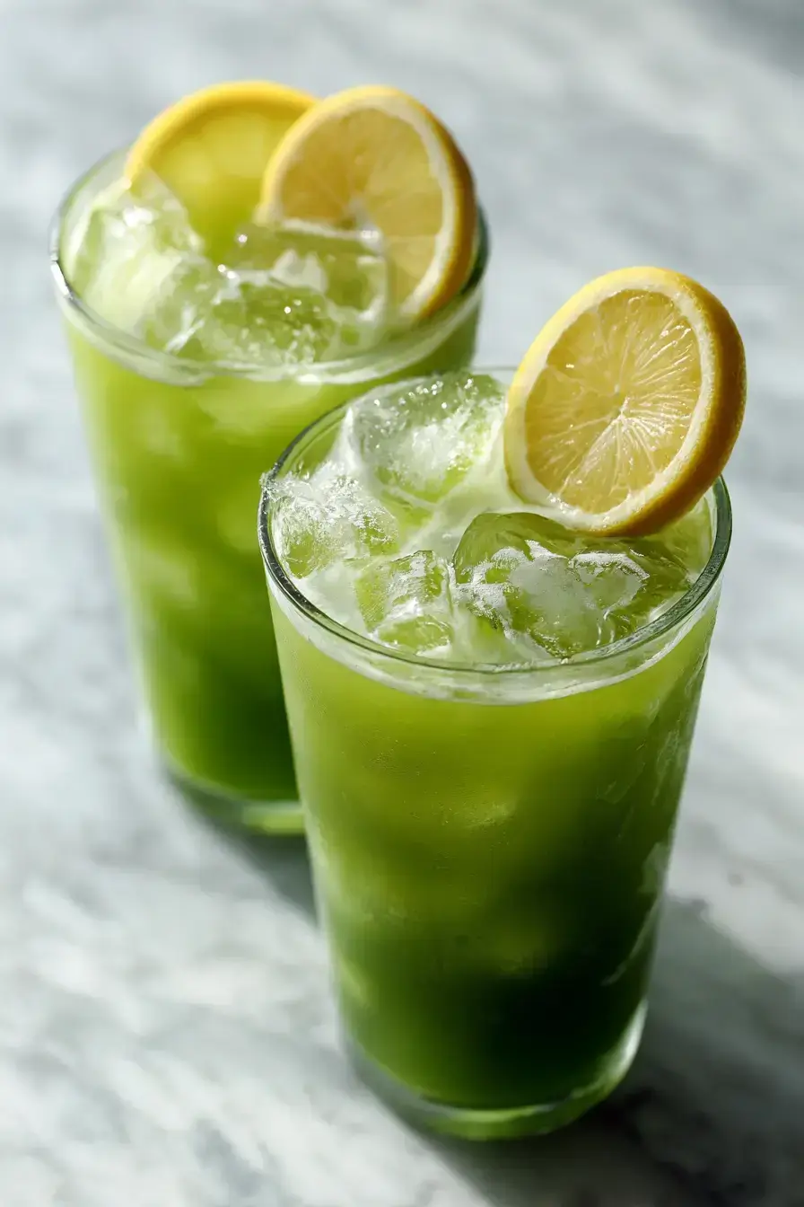 Beautiful serving presentation of Matcha Lemonade with lemon wheels and mint garnish