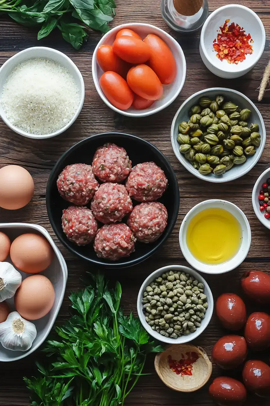 Ingredients for an easy Meatballs Puttanesca recipe laid out on a rustic table