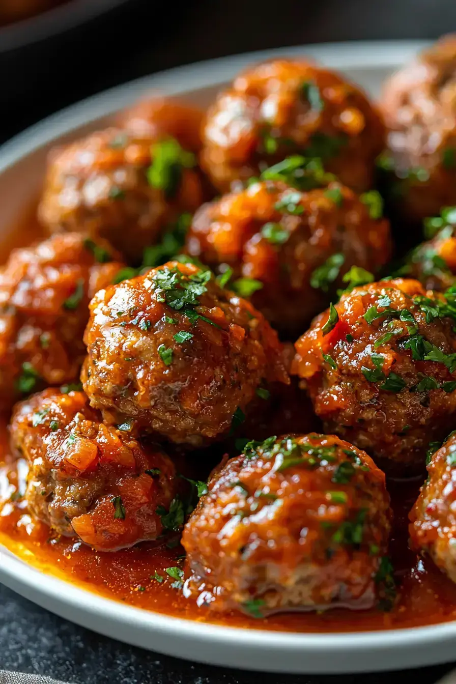 Beautifully plated Meatballs Puttanesca served over pasta with fresh basil garnish