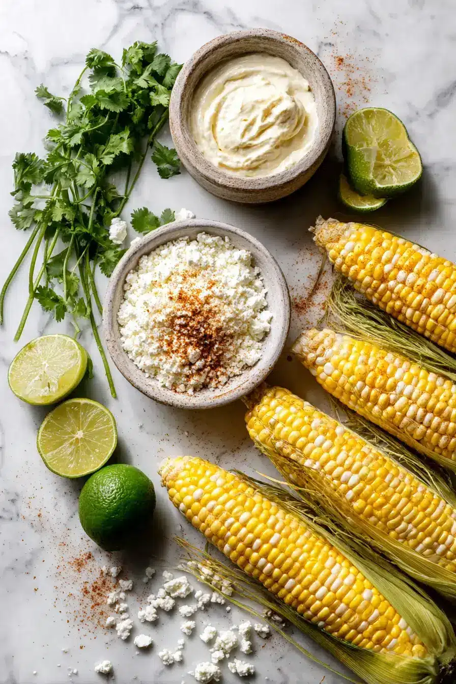 Fresh ingredients for making Mexican Street Corn recipe on a rustic table