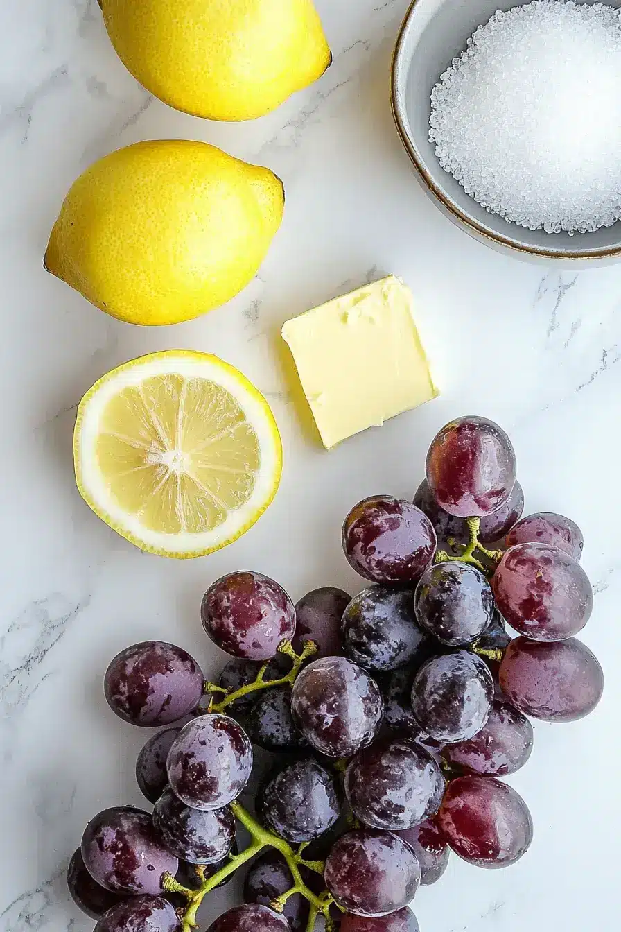 Fresh muscadine grapes, sugar, and lemons ready to make homemade grape jam