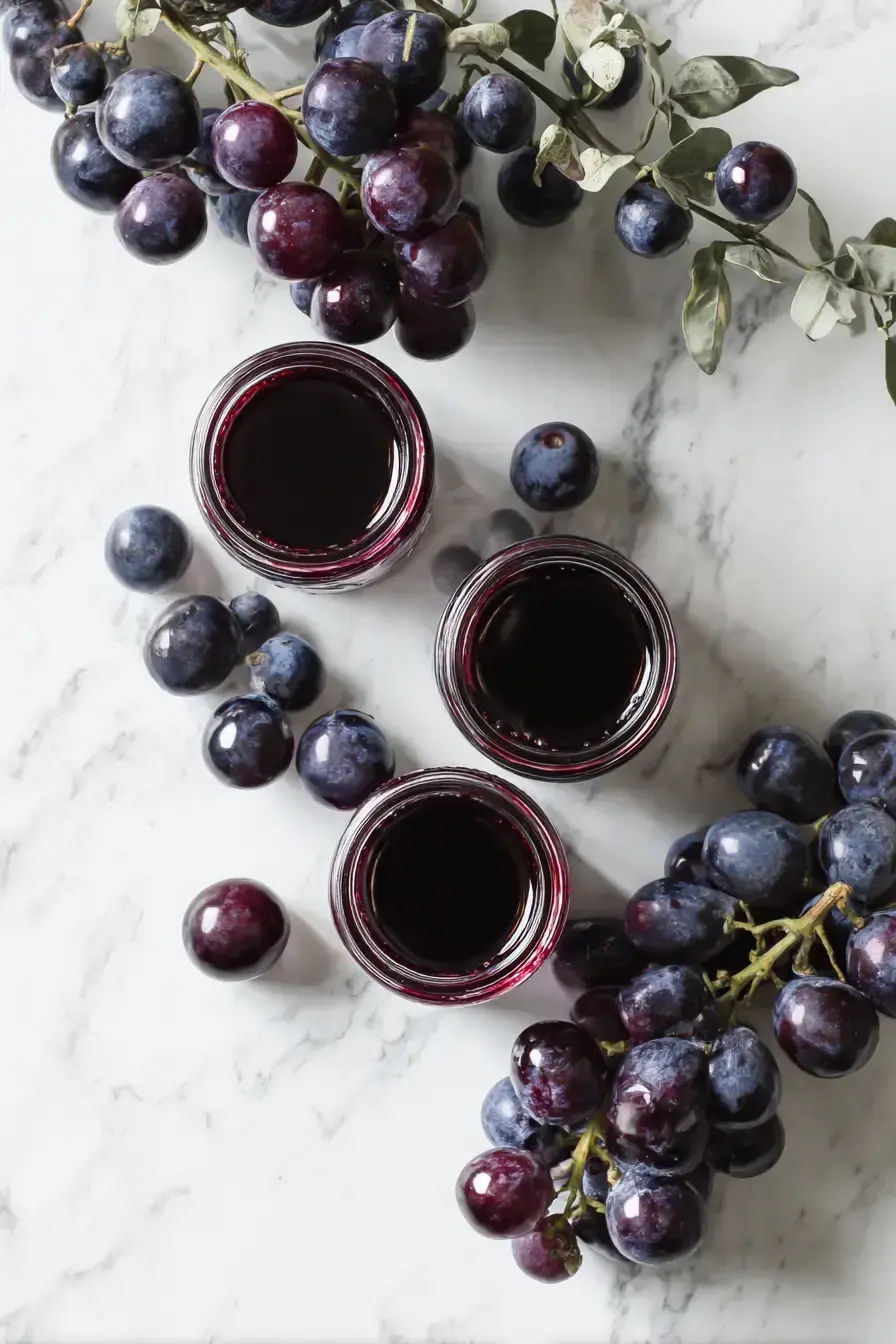 A rustic breakfast table setting with biscuits and homemade muscadine jam in a jar