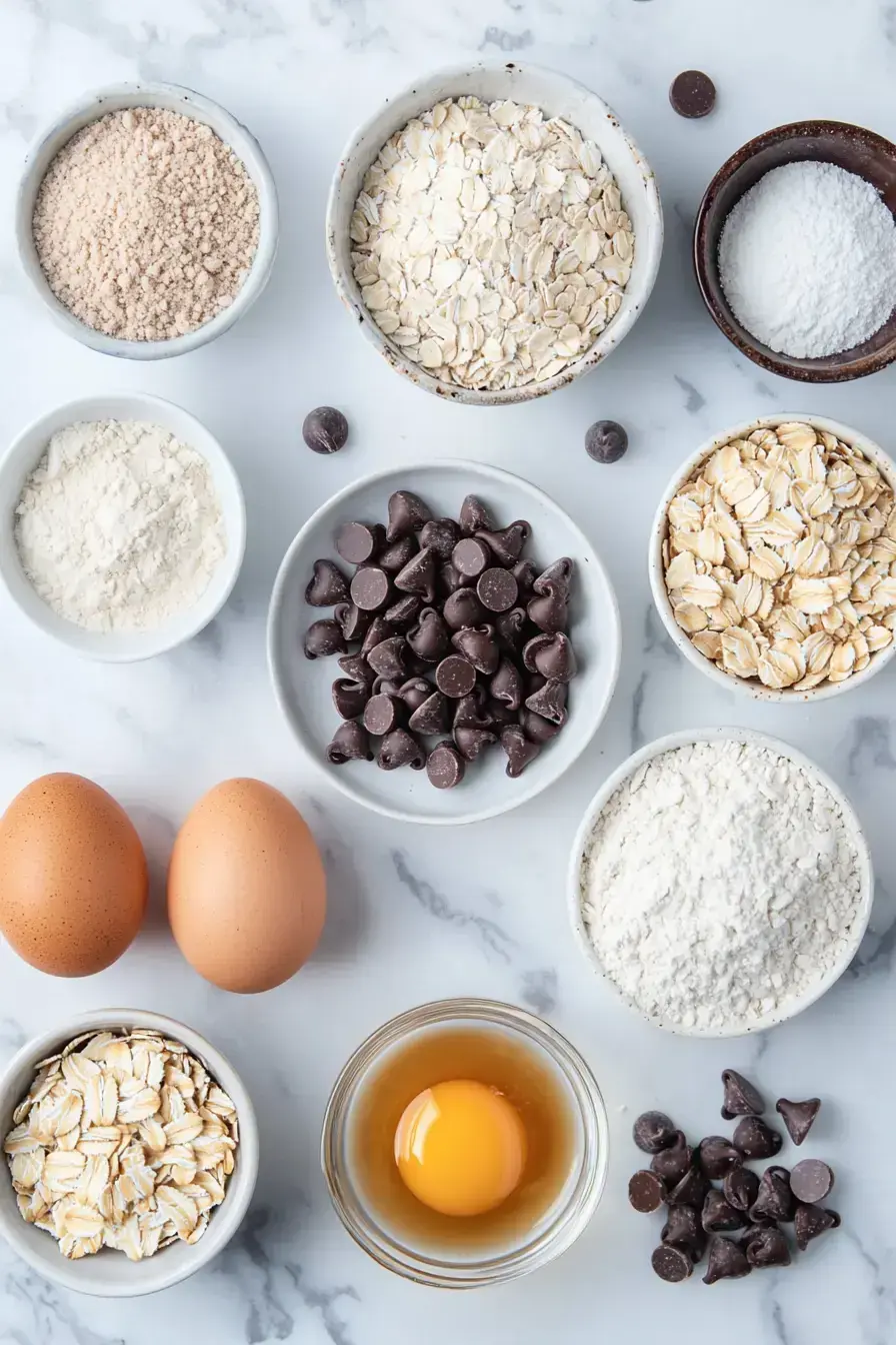 Ingredients for making oatmeal chocolate chip cookies laid out on a wooden table