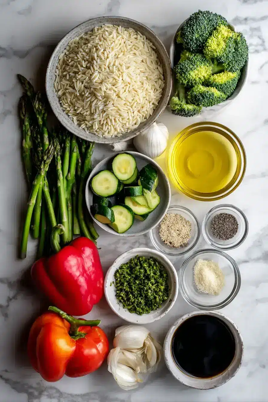 Colorful ingredients for a one pot orzo primavera arranged on a wood table