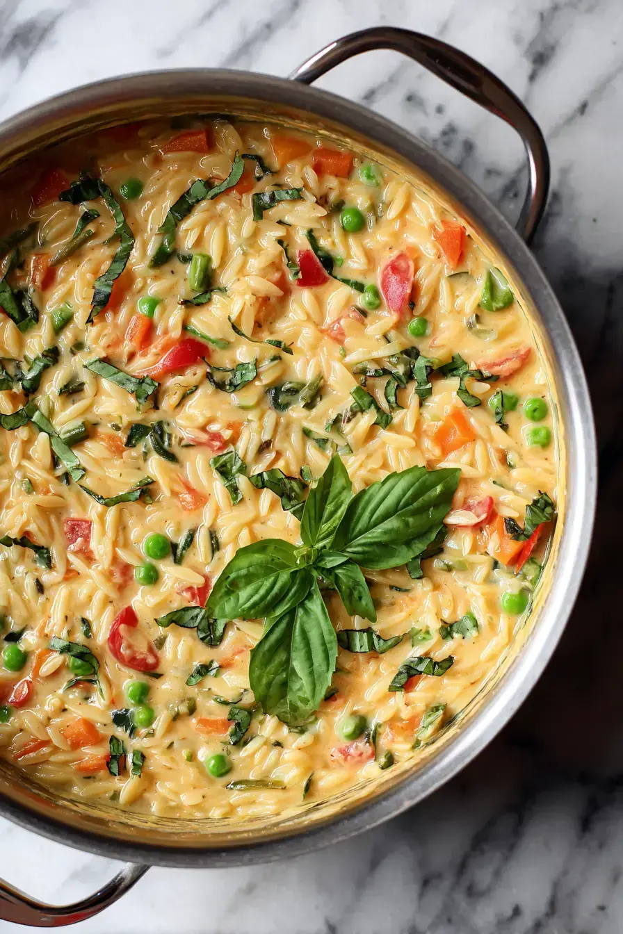A serving of creamy one pot orzo primavera garnished with fresh basil and parmesan