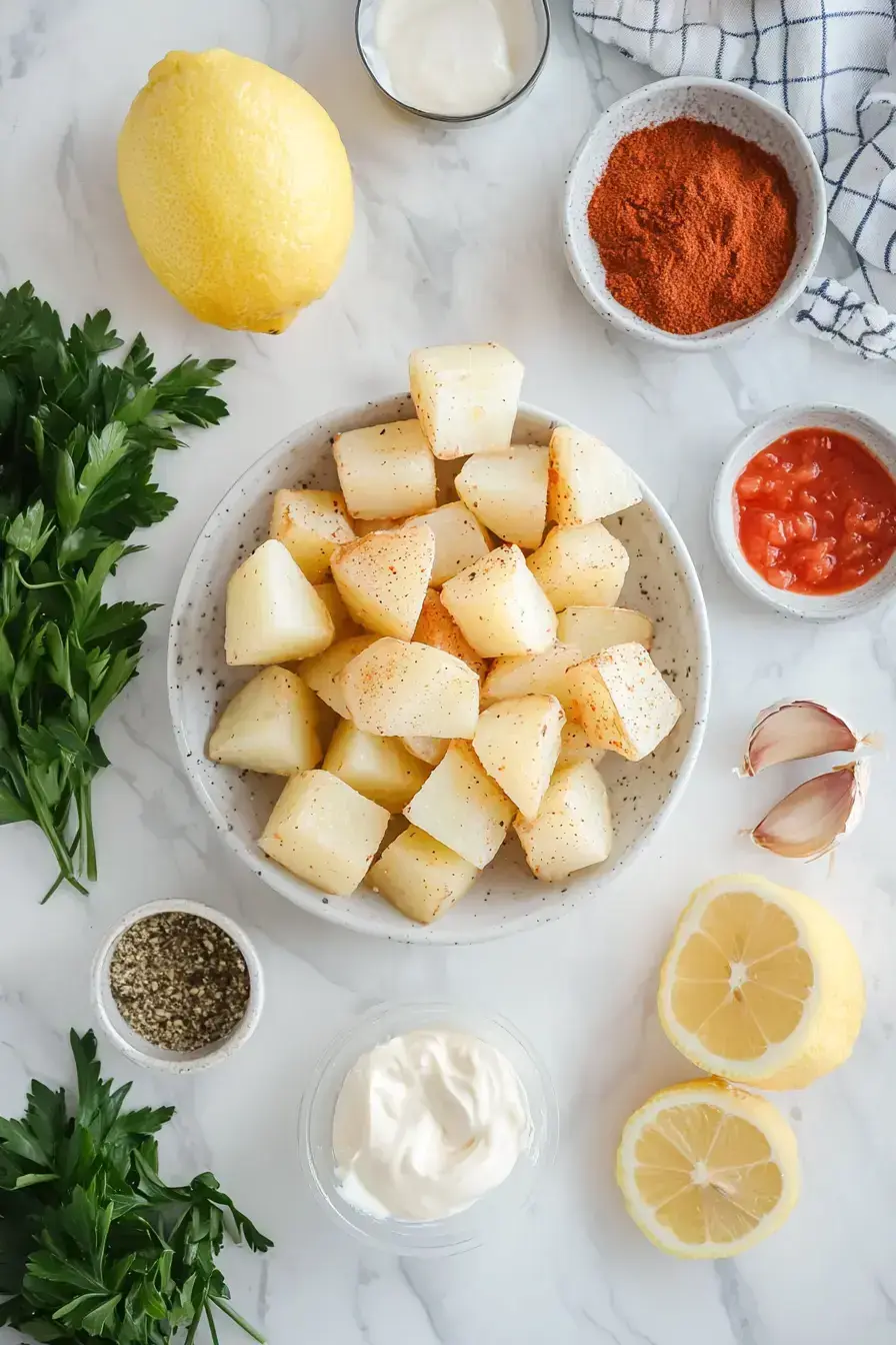 Ingredients for Patatas Bravas recipe on a wooden table