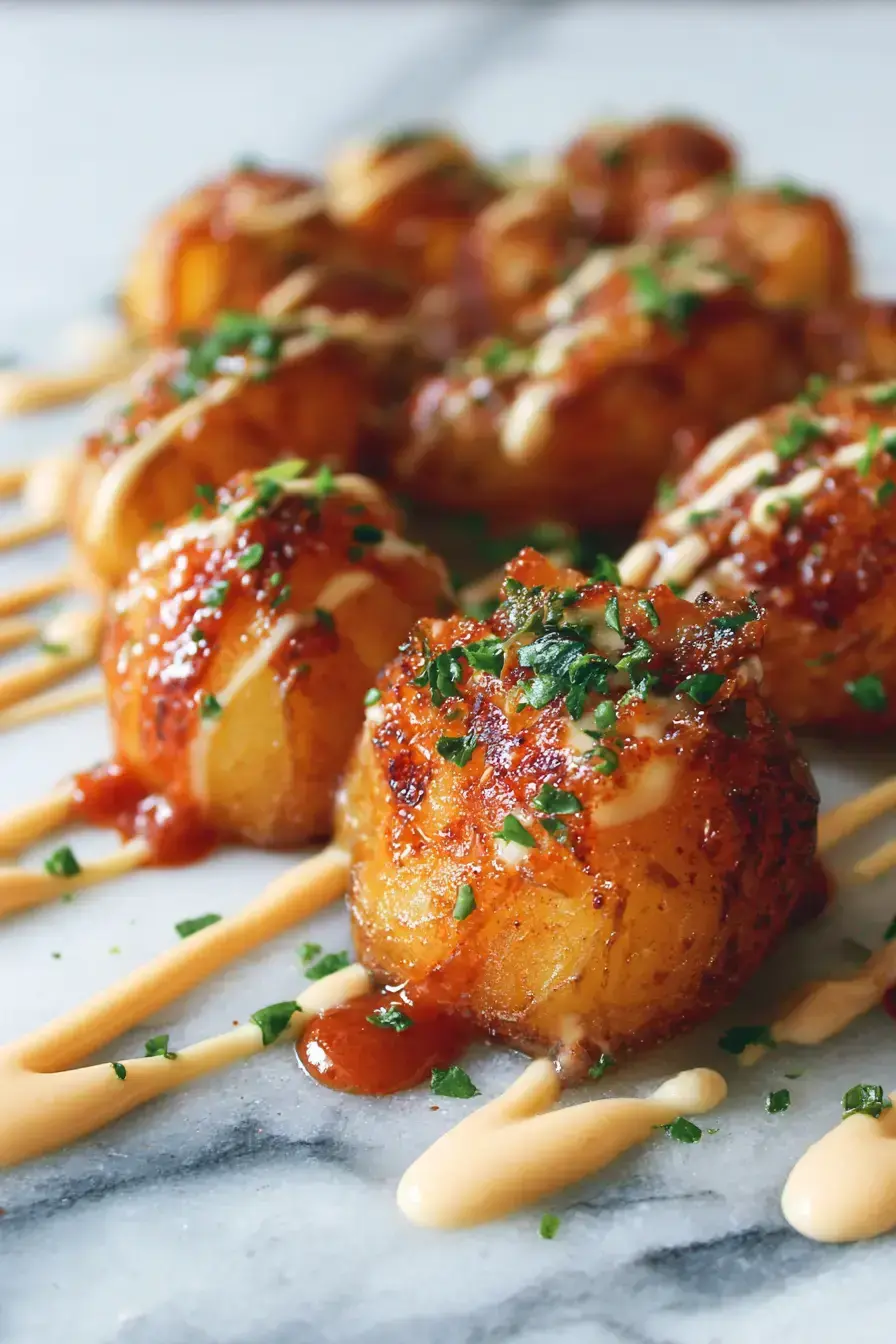 Patatas Bravas served on a rustic wooden board with small tapas plates