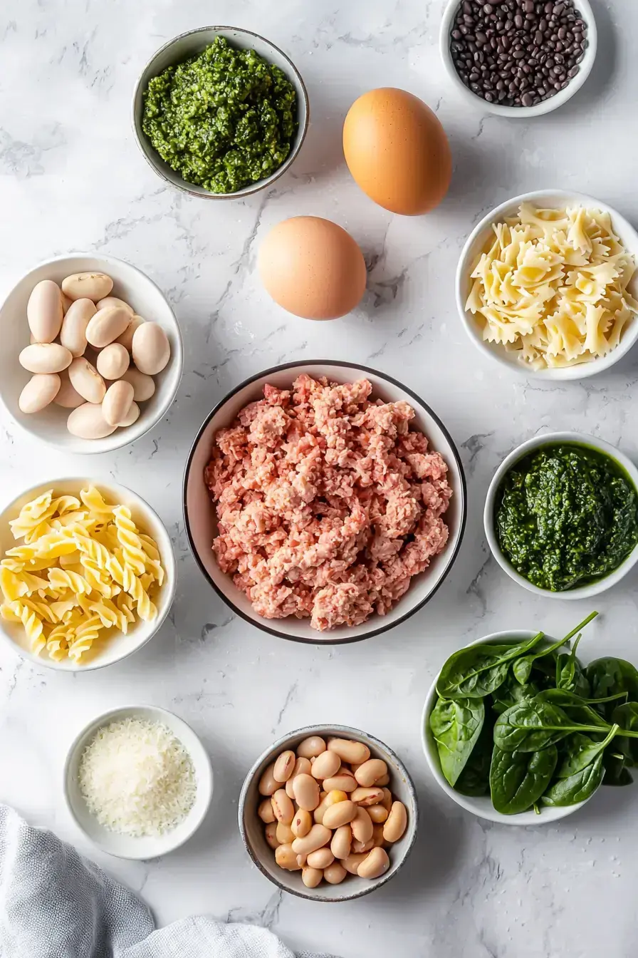 Ingredients for making Pesto Meatball Soup laid out on a counter