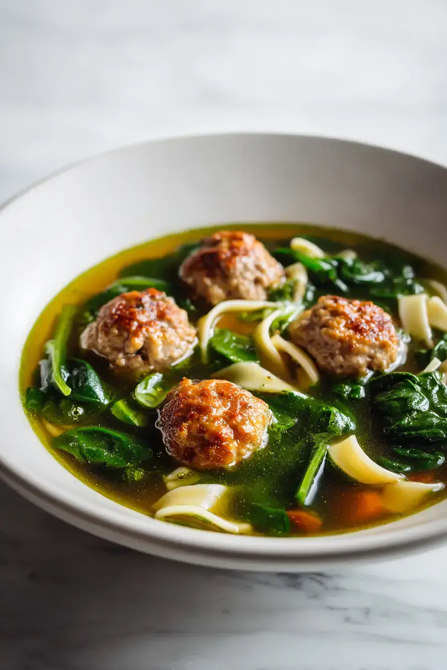 Beautifully served Pesto Meatball Soup in a rustic bowl with crusty bread on the side