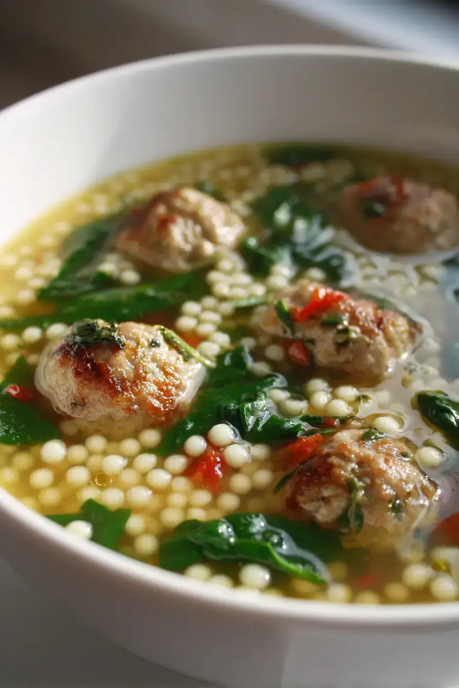 A bowl of warm Pesto Meatball Soup with meatballs, pasta, and spinach