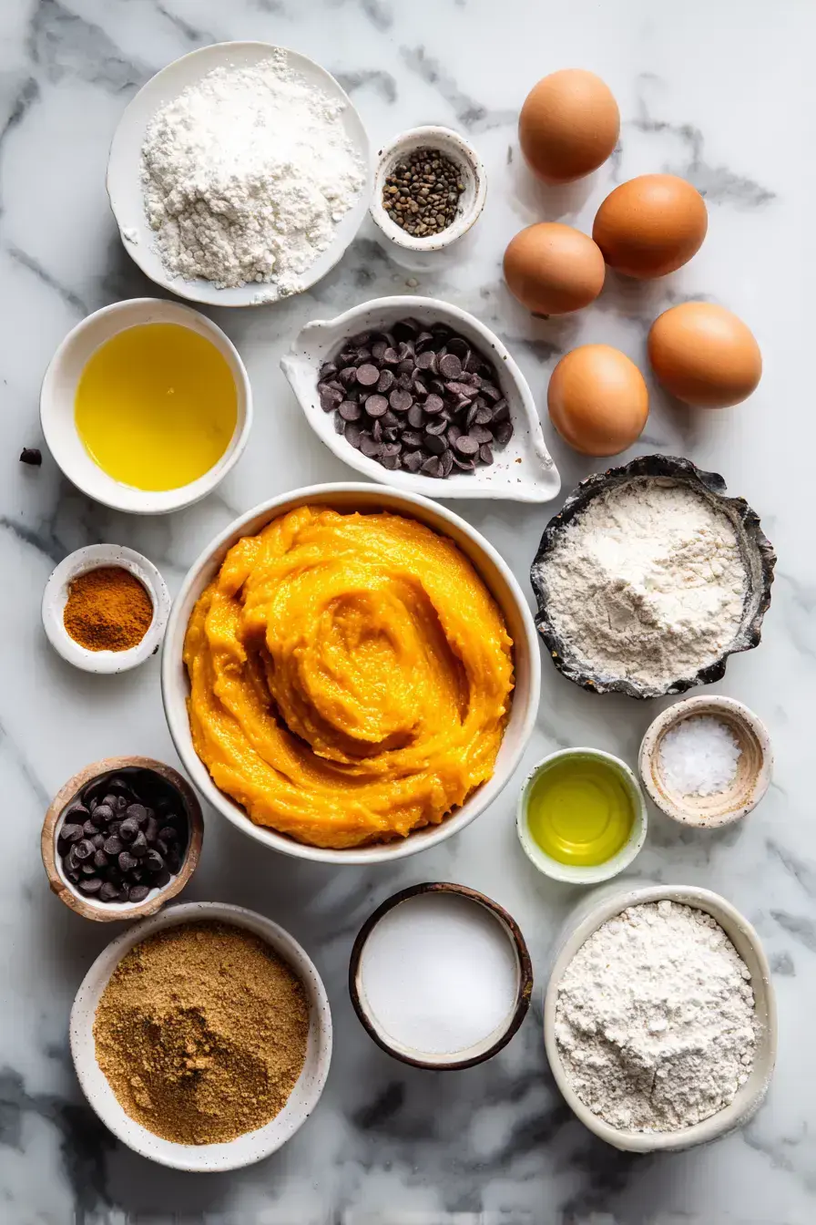 All the ingredients for Pumpkin Chocolate Chip Bread laid out on a kitchen counter