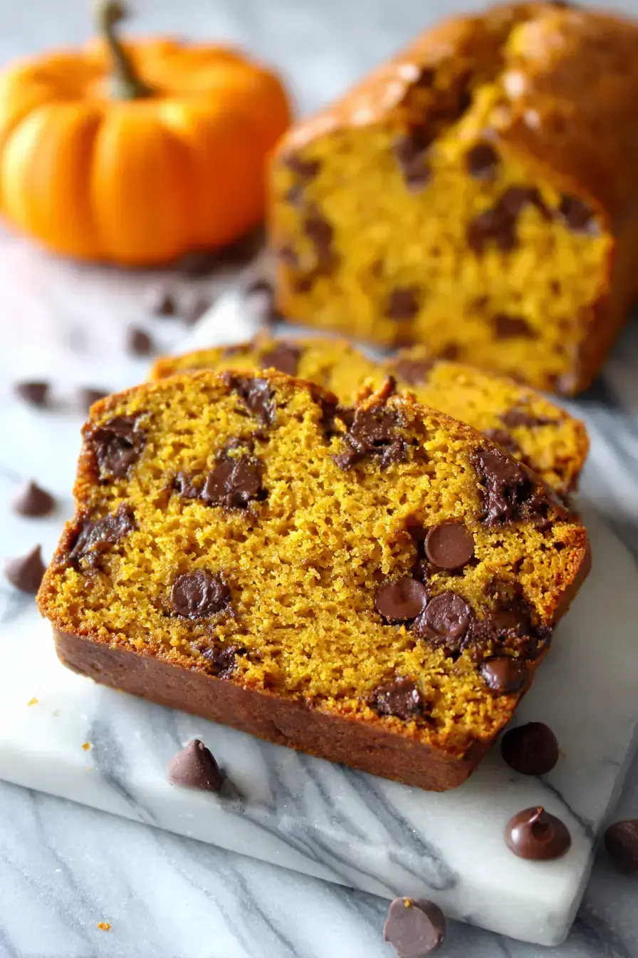 Slices of Pumpkin Chocolate Chip Bread served on a rustic wooden board with coffee