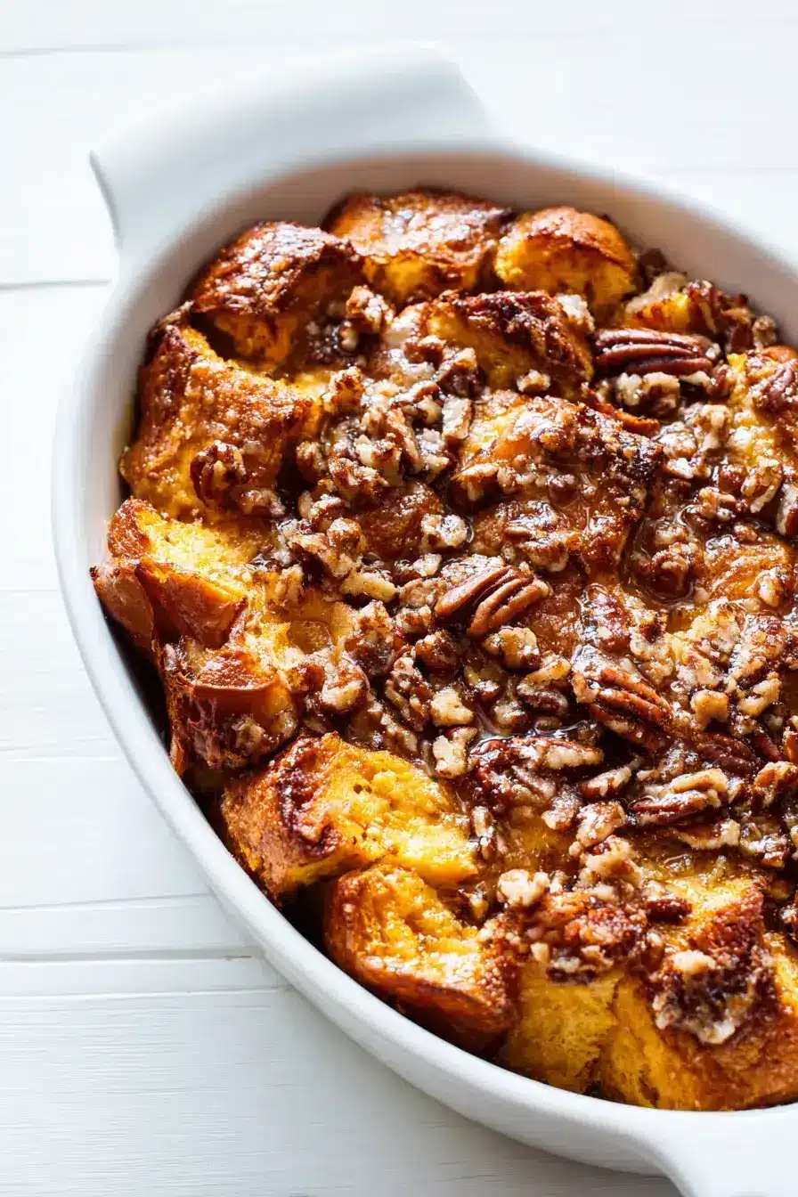 Pumpkin French Toast Casserole plating step with syrup
