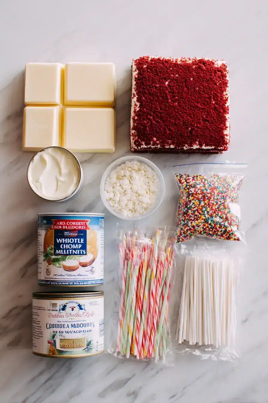 Red Velvet Cake Pops ingredients laid out for baking
