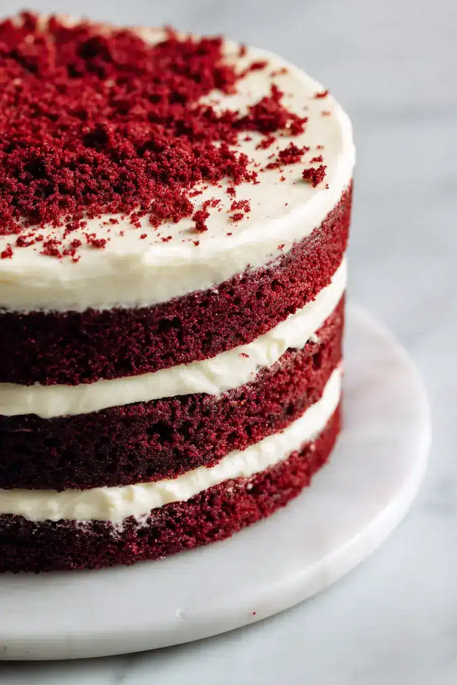 finished Red Velvet Cake dish with cream cheese frosting