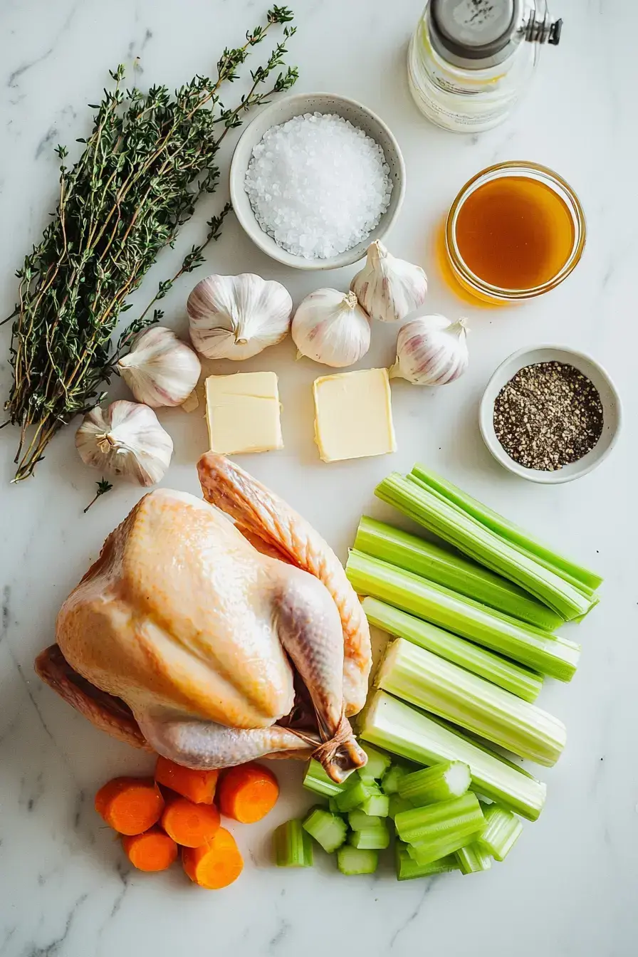 Fresh ingredients for a roast turkey recipe laid out on a wooden table