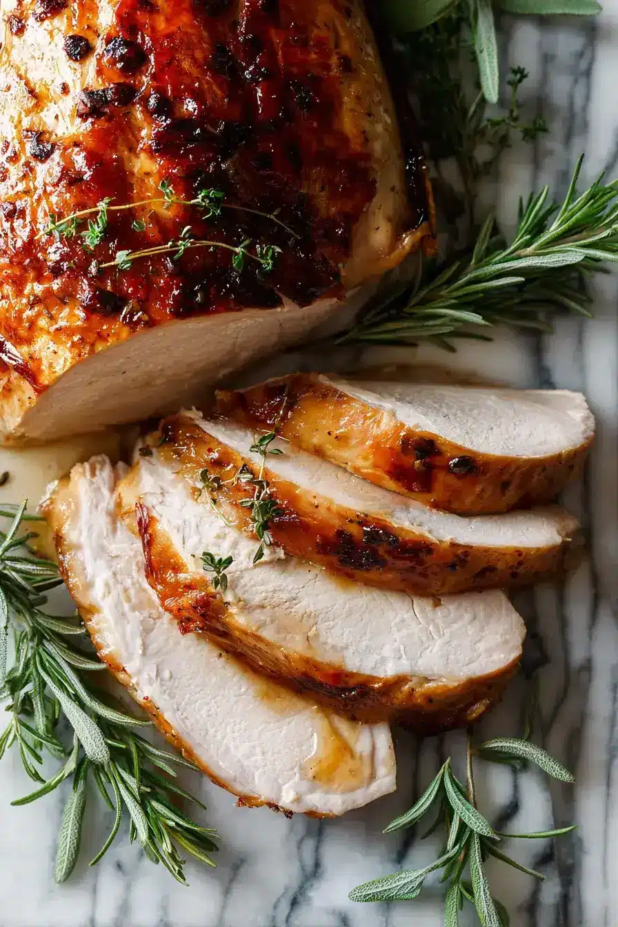 Beautifully carved roast turkey served on a festive platter with autumn garnishes
