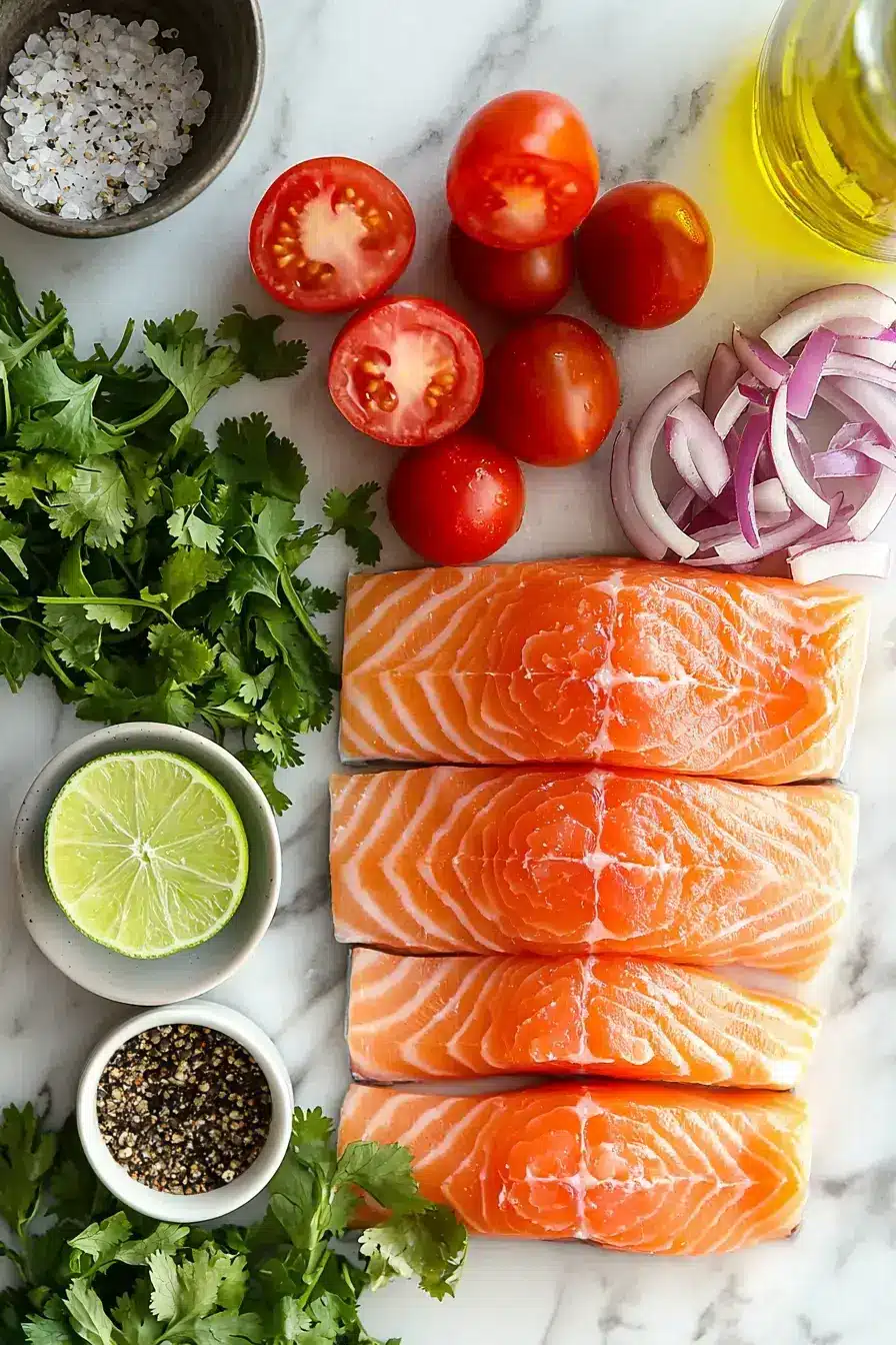 Fresh ingredients for making a salmon with salsa recipe including tomatoes, onion, and herbs