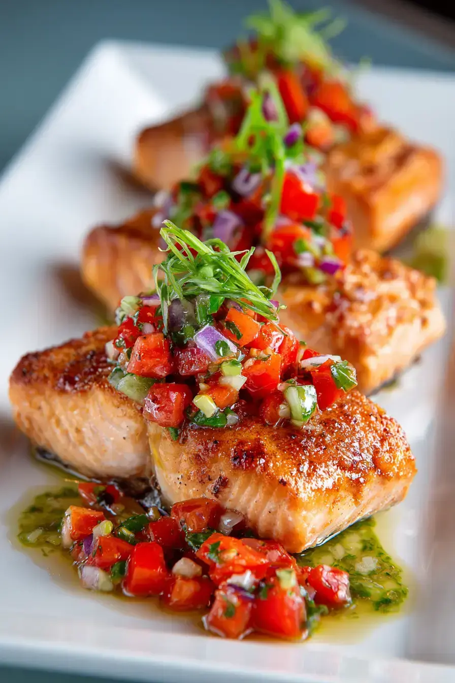Beautifully plated salmon with salsa served alongside fresh greens and lemon wedges