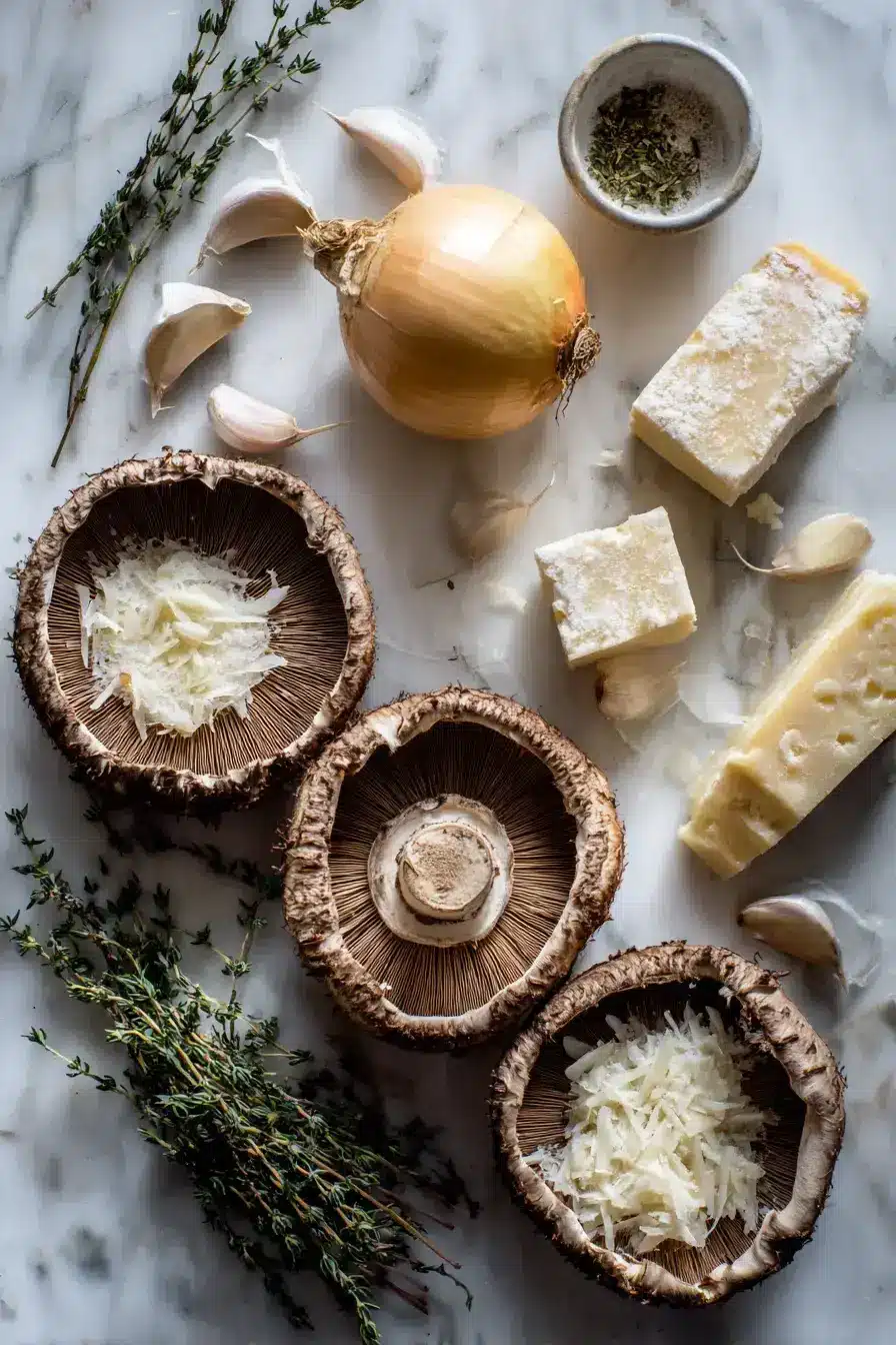 Fresh portobello mushroom caps, thyme, and Gruyère cheese ready for making scalloped portobello mushrooms