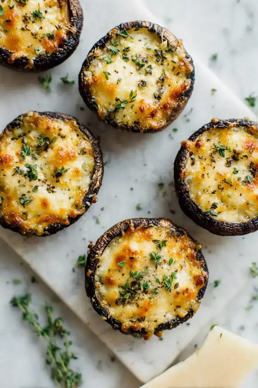 A beautifully plated serving of scalloped portobello mushrooms alongside roasted chicken