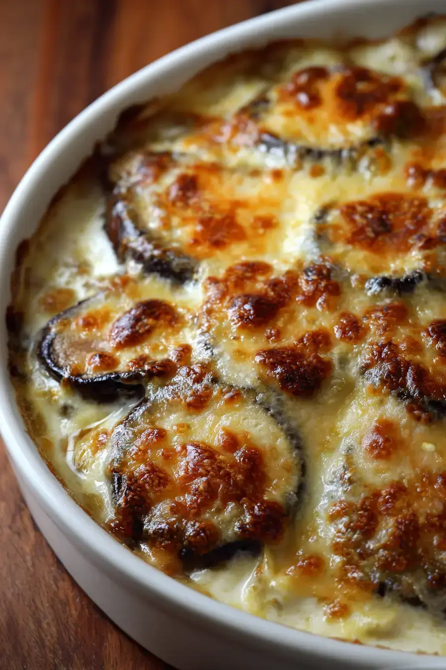 Scalloped Portobello Mushrooms with Creamy Garlic Cheese Sauce
