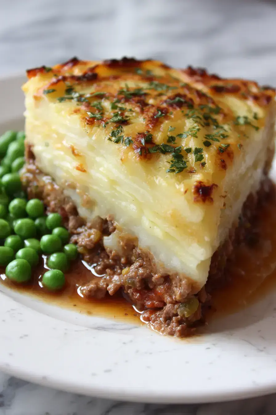 A slice of Shepherd's Pie served on a plate with a side of green beans