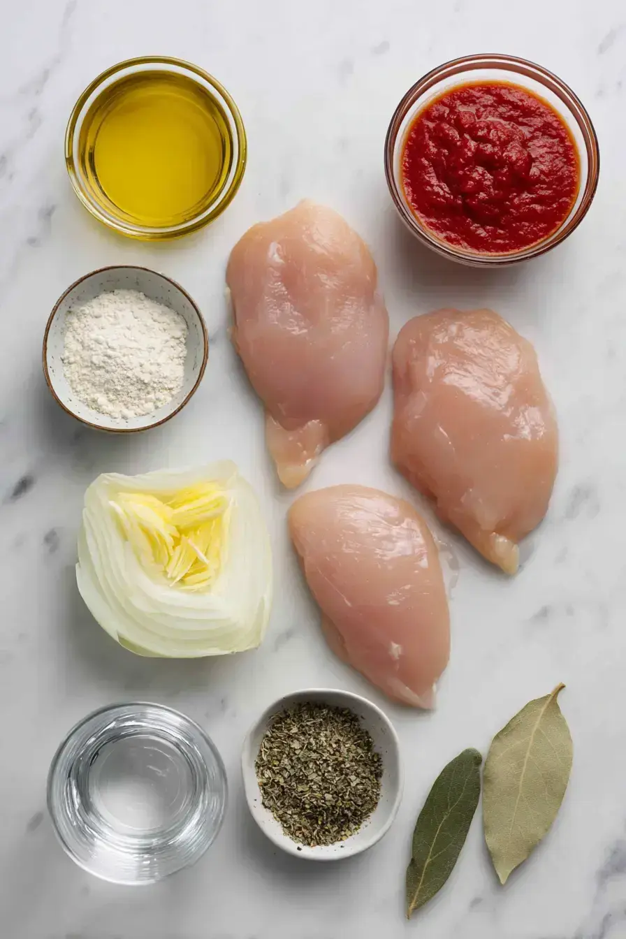 Fresh ingredients for a slow cooker chicken recipe on a kitchen counter