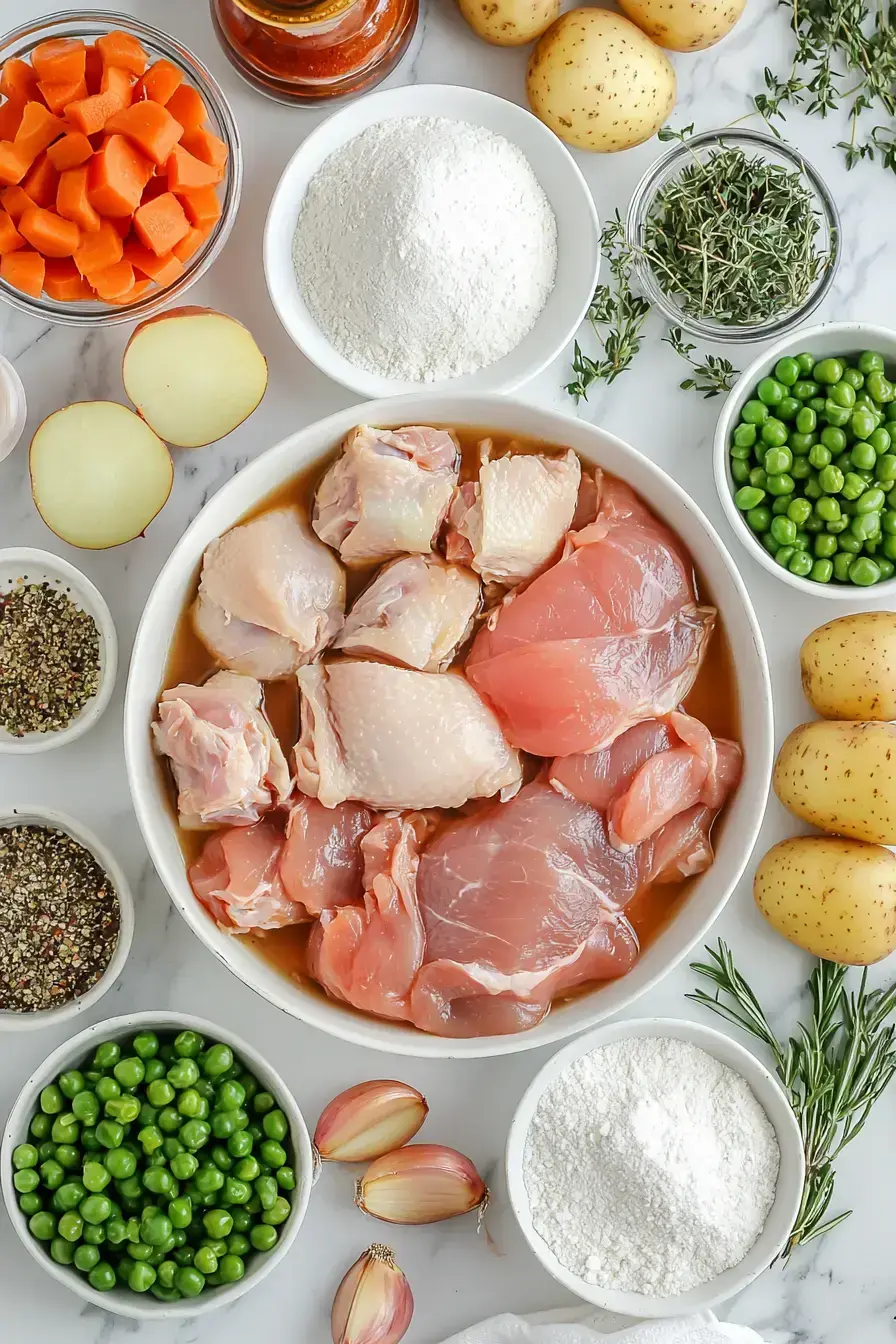 Ingredients for an easy chicken stew including chicken thighs, potatoes, carrots, and herbs placed on a rustic wood table