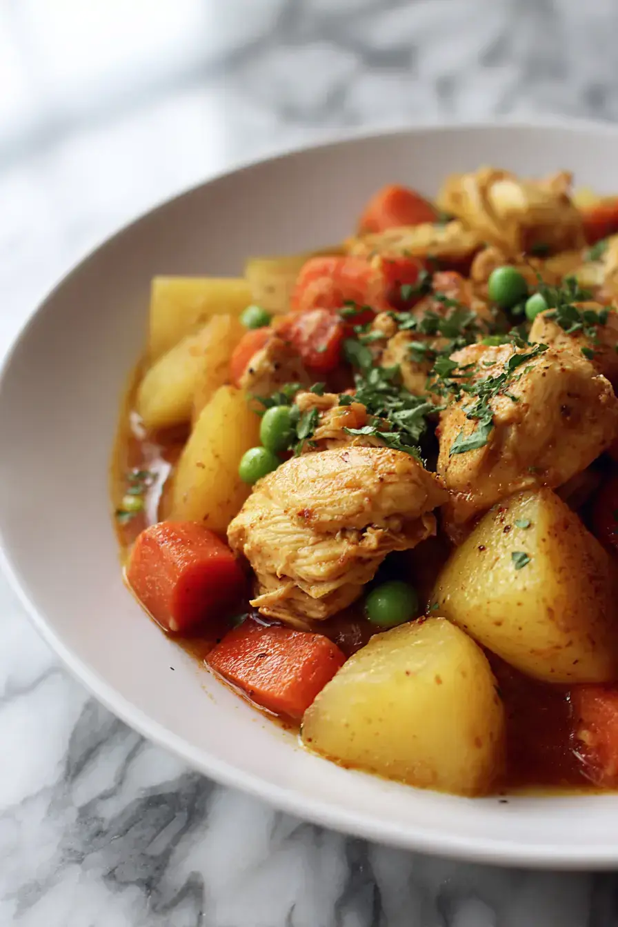 Steaming bowls of slow cooker chicken stew served at a rustic family dinner table with fresh bread