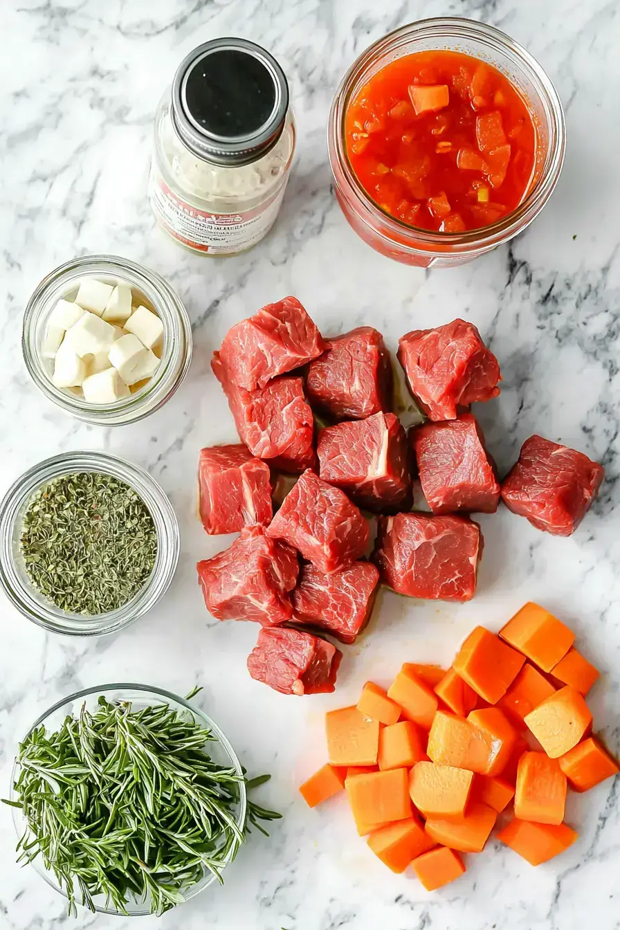 Slow Cooker Italian Beef Soup ingredients arranged beautifully on counter