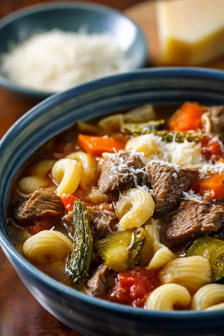 A comforting bowl of Slow Cooker Italian Beef Soup served with crusty bread and Parmesan cheese