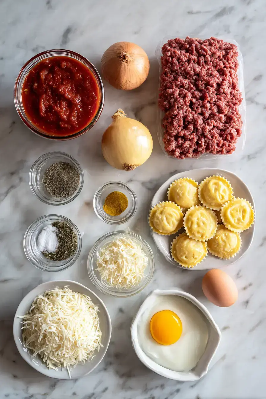 Ingredients for Slow Cooker Ravioli Lasagna laid out on a wooden table