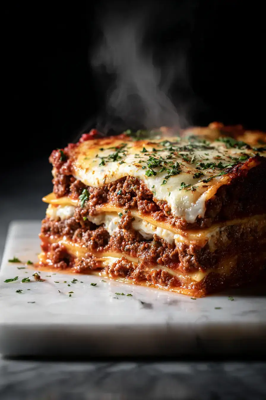 Slow Cooker Ravioli Lasagna served on a plate with a fresh green salad and garlic bread