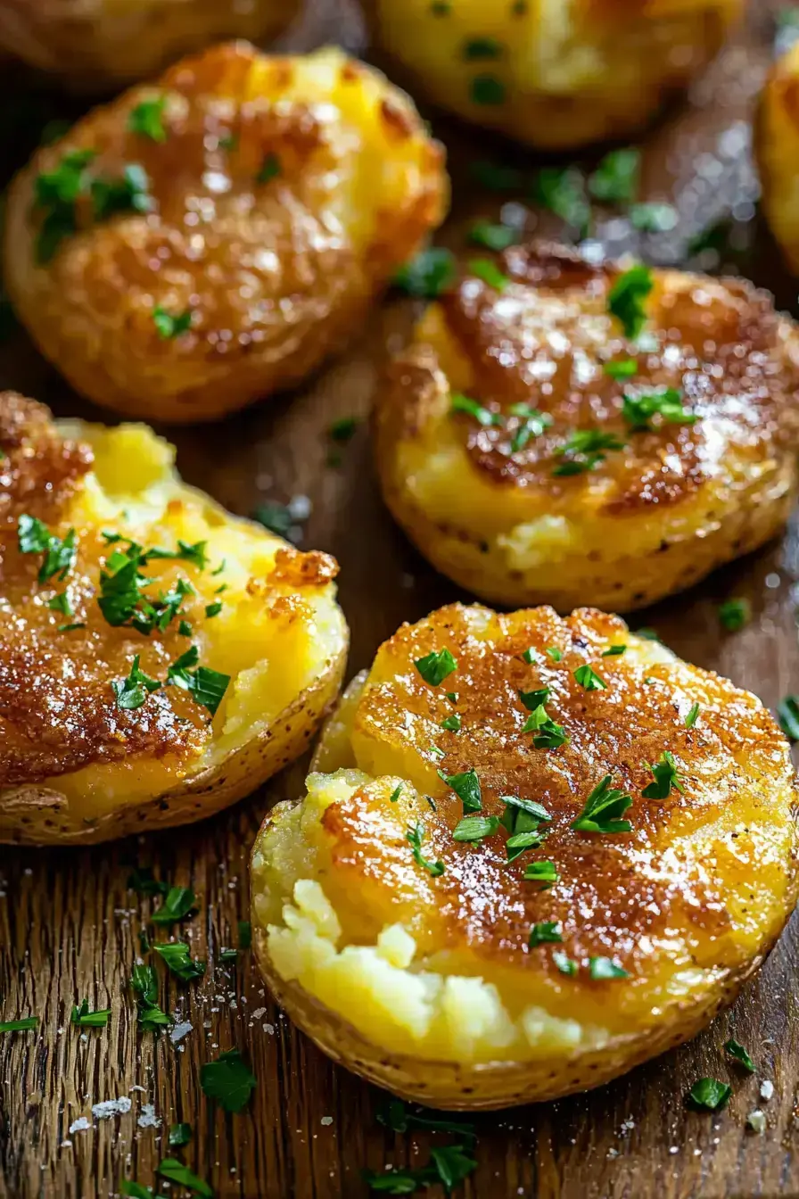 A beautiful platter of golden smashed potatoes served with fresh herbs