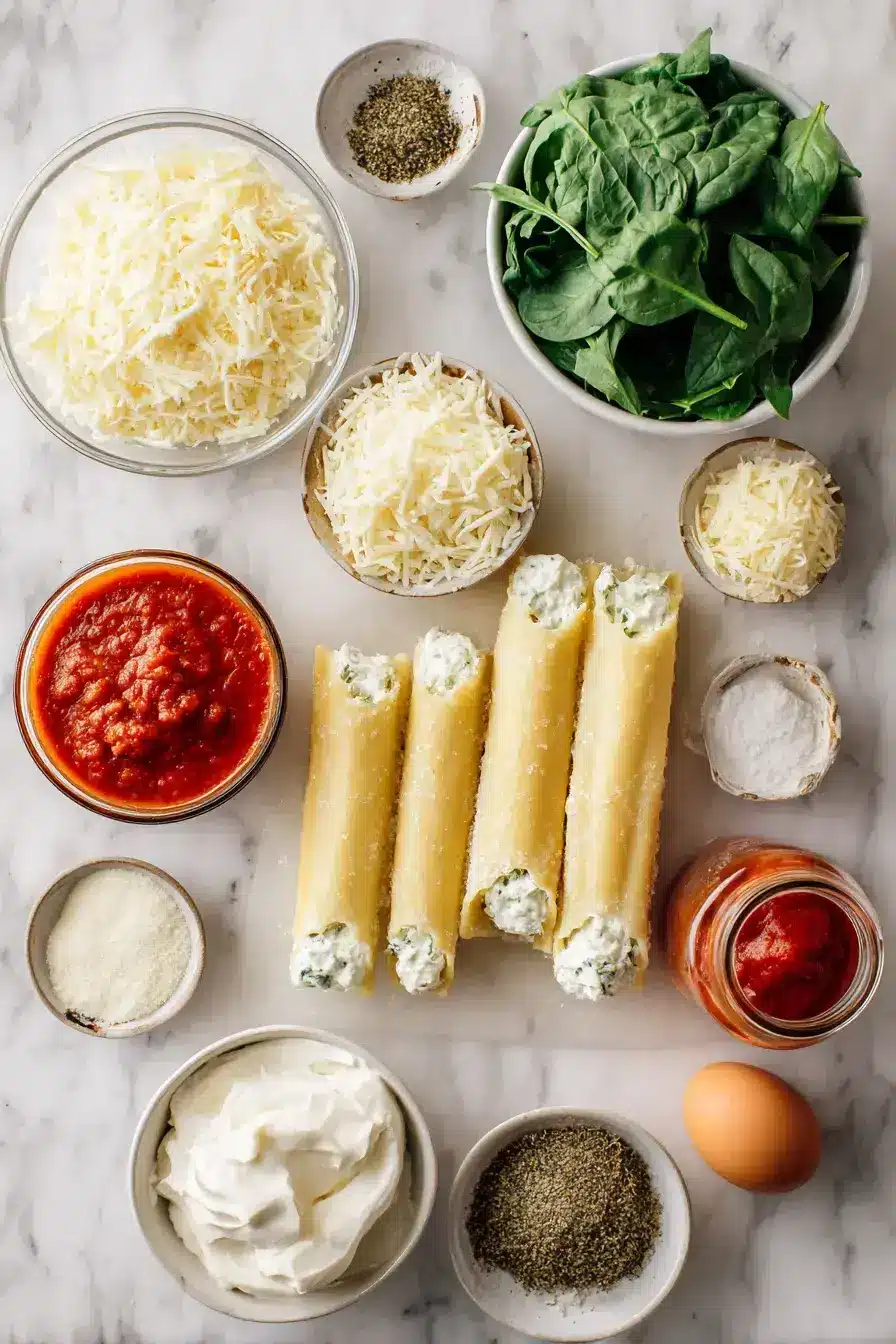 Spinach Manicotti ingredients laid out for preparation