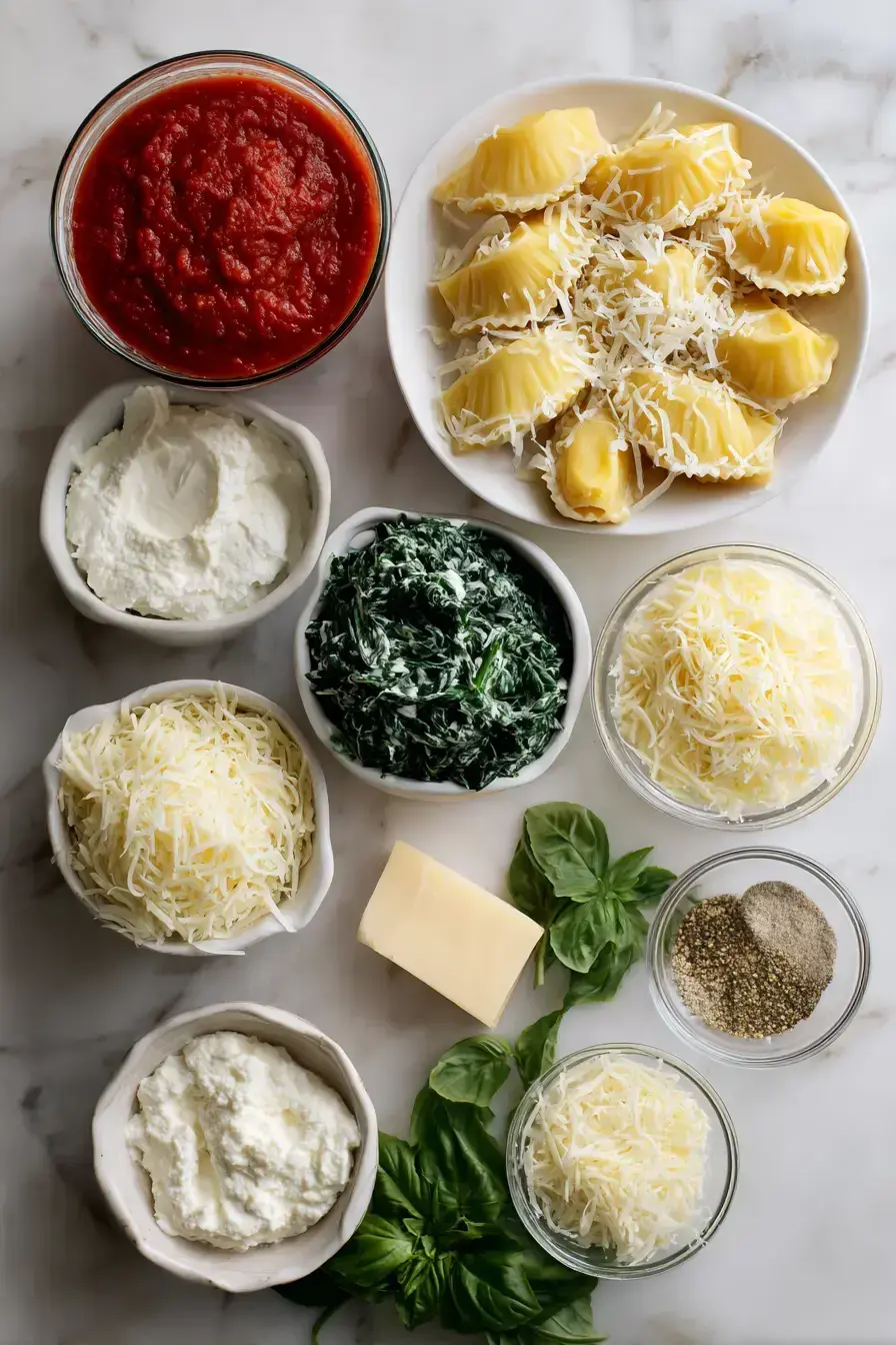 Collected ingredients for making homemade Spinach Ricotta Manicotti on a kitchen counter