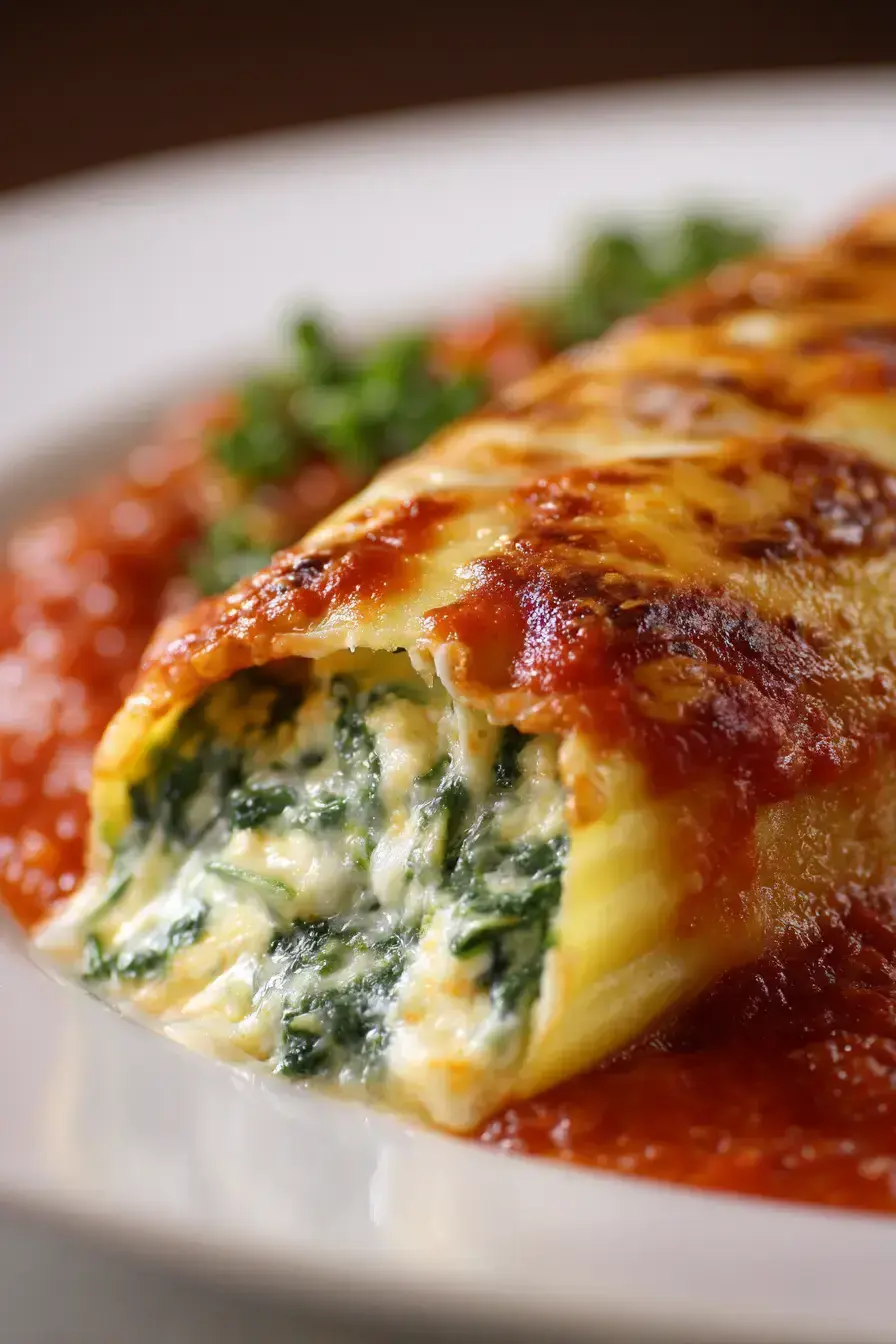 Beautifully plated Spinach Ricotta Manicotti with fresh basil garnish and a side salad