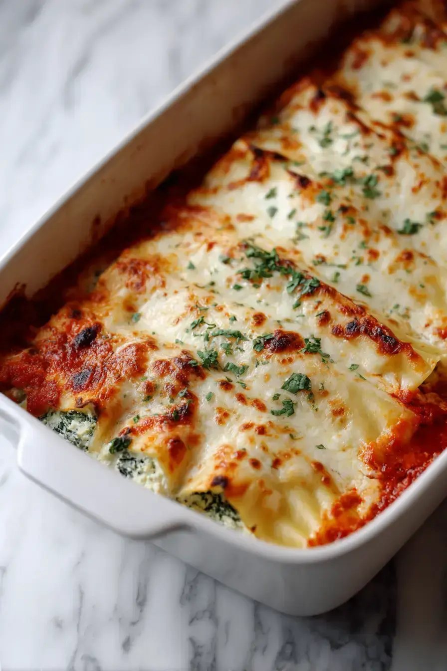 Freshly baked Spinach Ricotta Manicotti with a golden cheese topping and fresh basil garnish