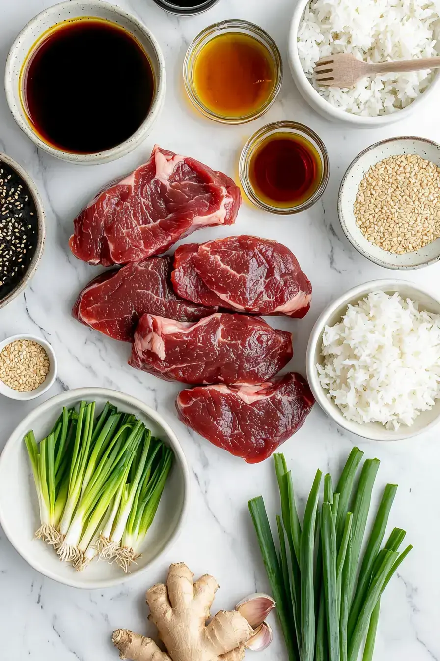 Steak Rice Bowl ingredients laid out for preparation