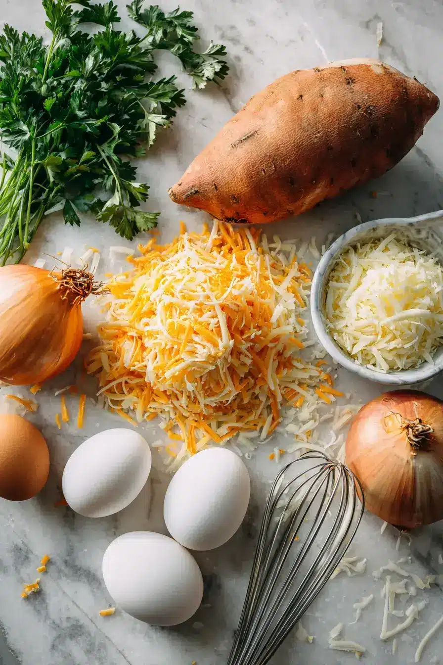 Ingredients for sweet potato frittata arranged neatly on counter