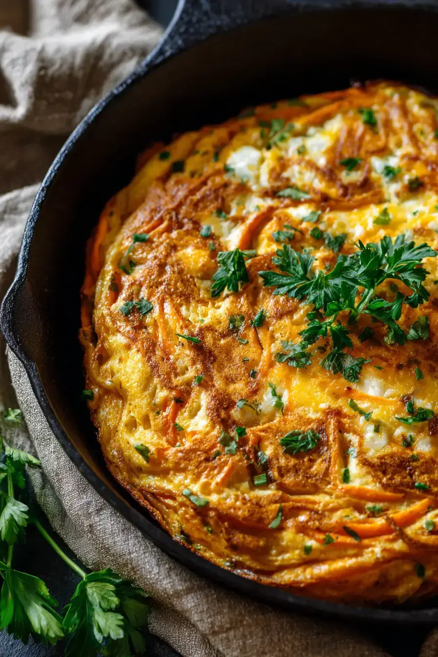 Sweet potato frittata served on a rustic wooden board with fresh salad sides