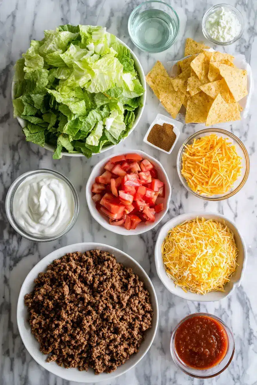 All ingredients for Taco Salad laid out on a rustic kitchen counter