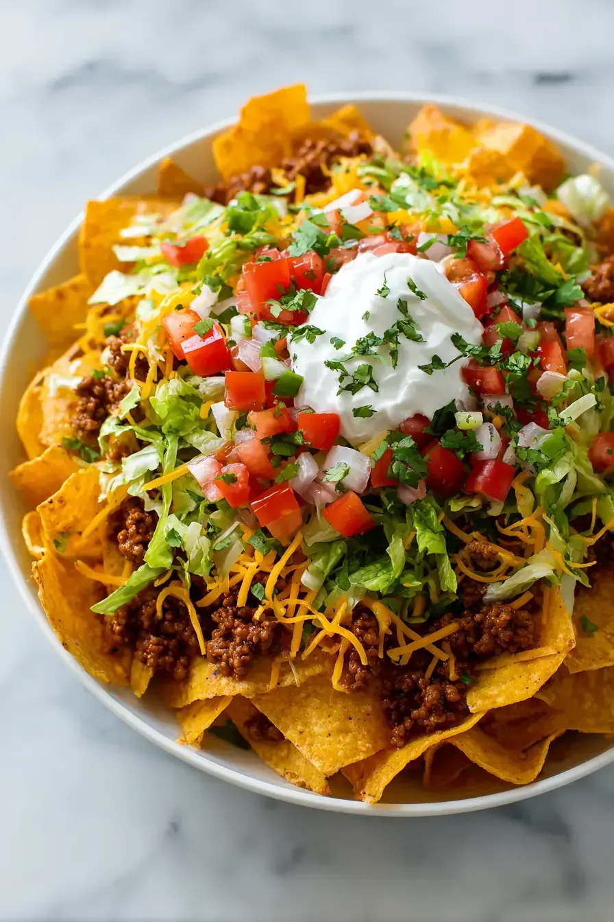 Family-style Taco Salad served at a rustic outdoor table with various toppings