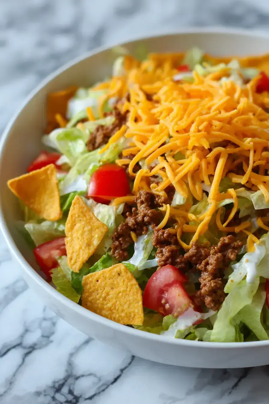 Finished Taco Salad in a large wooden bowl with colorful toppings