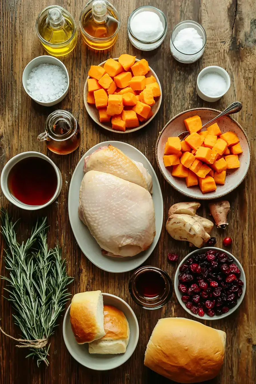 Ingredients for Thanksgiving For One including sweet potato, turkey, and herbs
