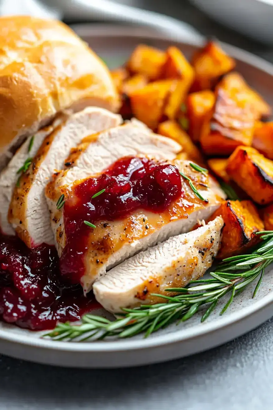Beautifully plated Thanksgiving For One meal with golden turkey and roasted sweet potatoes