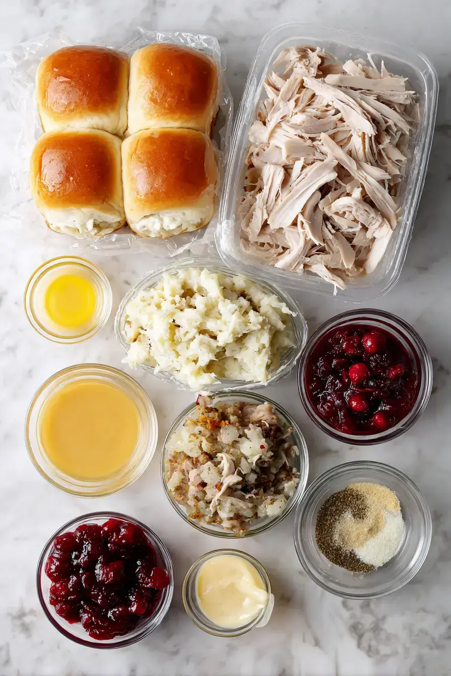 All ingredients for baked Thanksgiving sliders arranged neatly on a kitchen counter