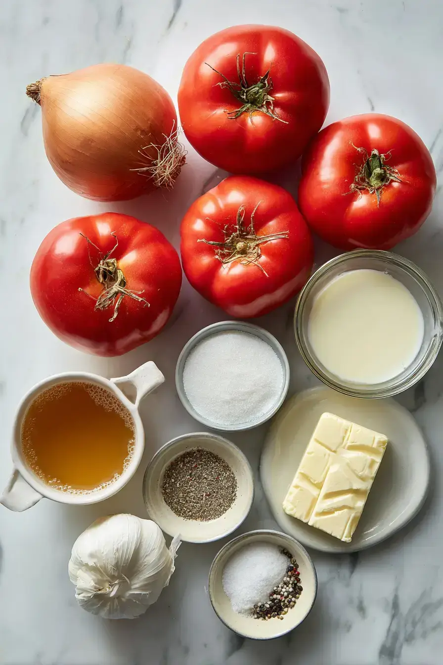 Fresh ingredients for making tomato soup on a wooden counter